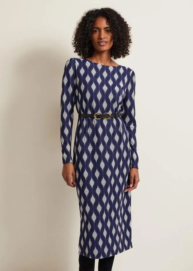 Kelly Geo Midi Shift Dress Blue Women Phase Eight Dresses