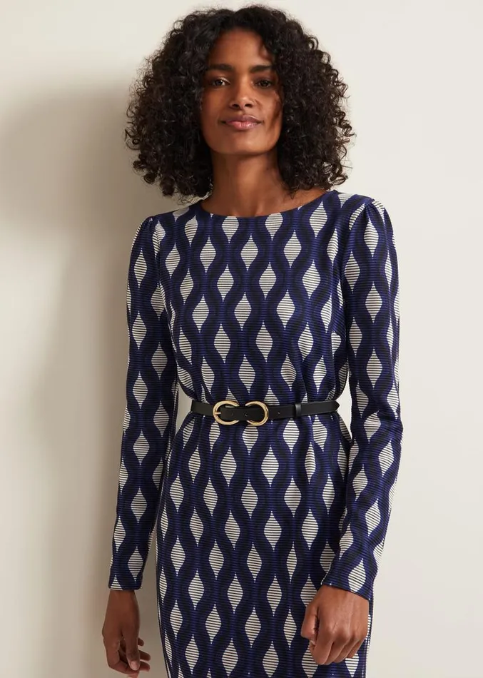 Kelly Geo Midi Shift Dress Blue Women Phase Eight Dresses