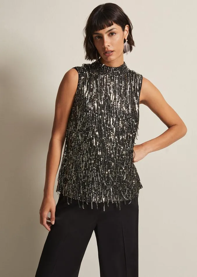 Kerrie Tassel Sequin Top Black Women Phase Eight Tops and TShirts