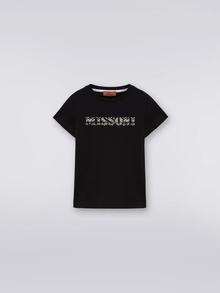 Kids Cotton TShirt With Rhinestone Logo Black Missoni Clothing