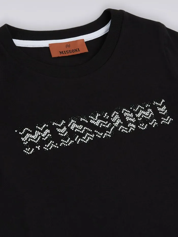 Kids Cotton TShirt With Rhinestone Logo Black Missoni Clothing Kids Cotton TShirt With Rhinestone Logo Black Missoni Clothing