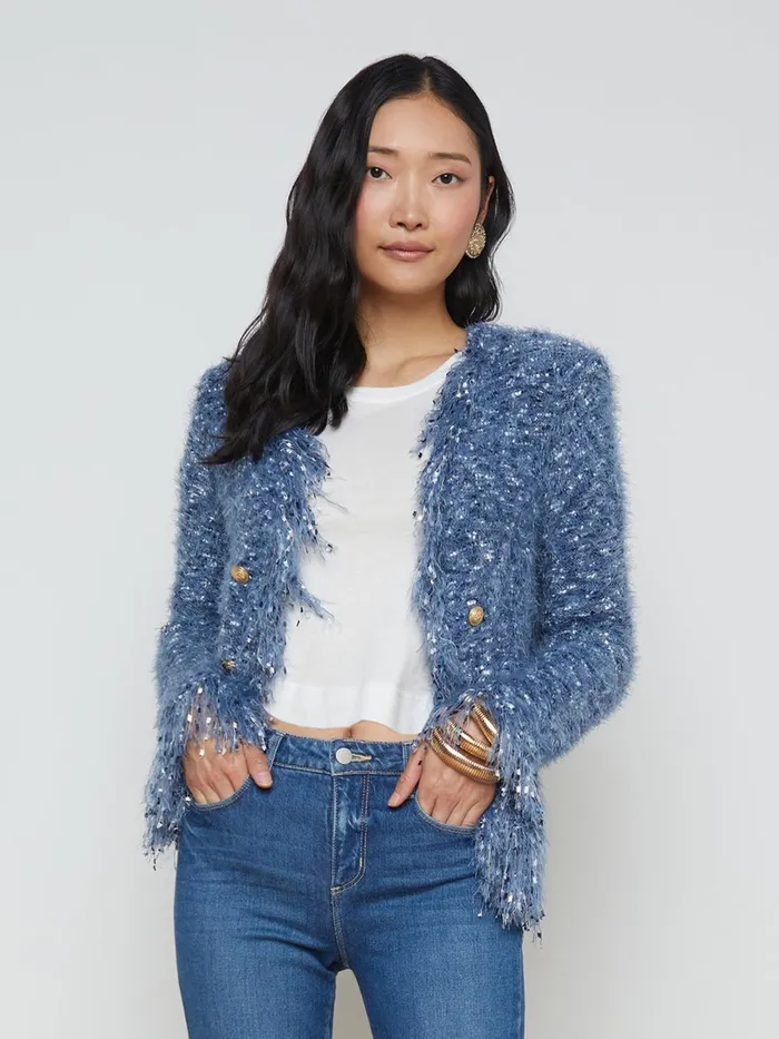 L039Agence Blazers and Jackets Women Azure Fringe Cardigan Blazer Blue Multi