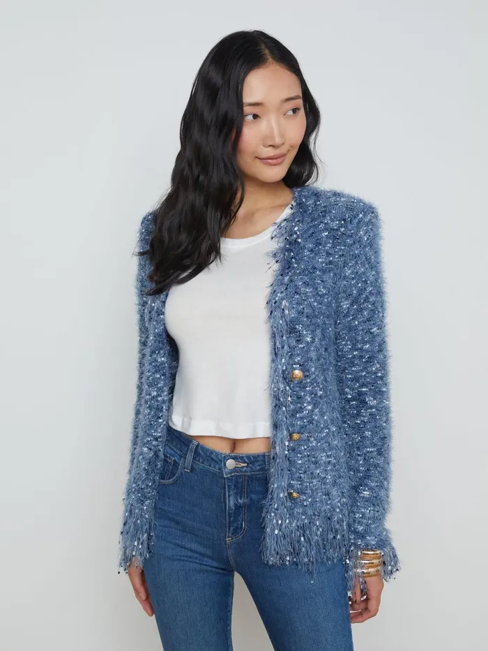 L039Agence Blazers and Jackets Women Azure Fringe Cardigan Blazer Blue Multi L039Agence Blazers and Jackets Women Azure Fringe Cardigan Blazer Blue Multi