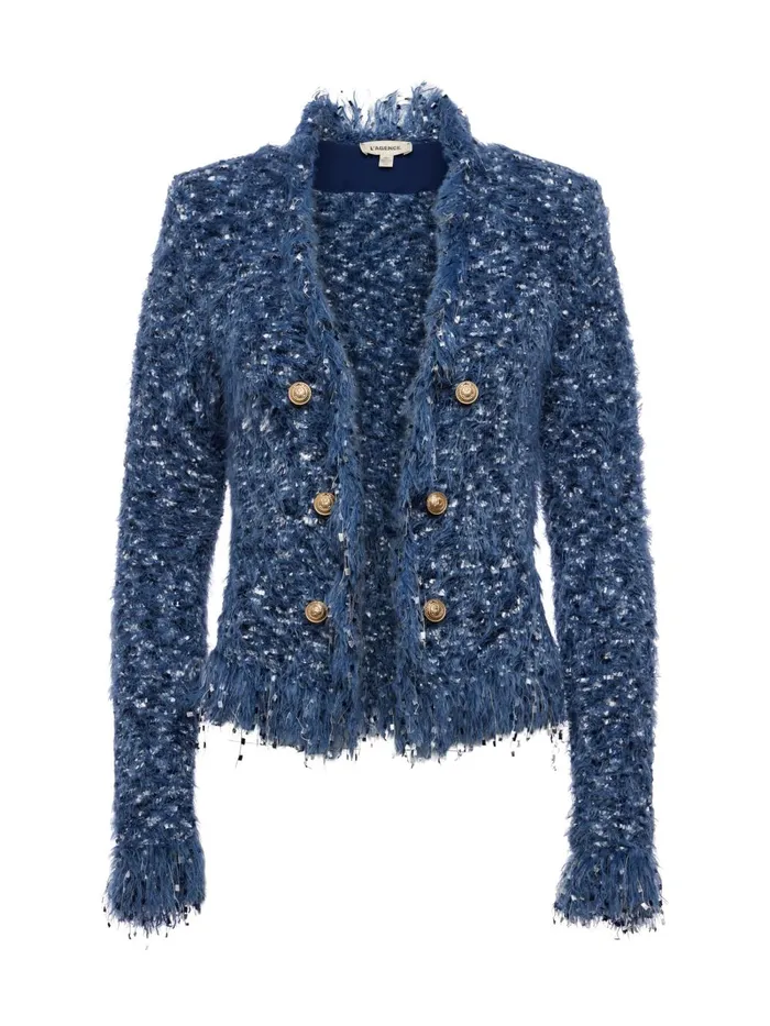 L039Agence Blazers and Jackets Women Azure Fringe Cardigan Blazer Blue Multi L039Agence Blazers and Jackets Women Azure Fringe Cardigan Blazer Blue Multi