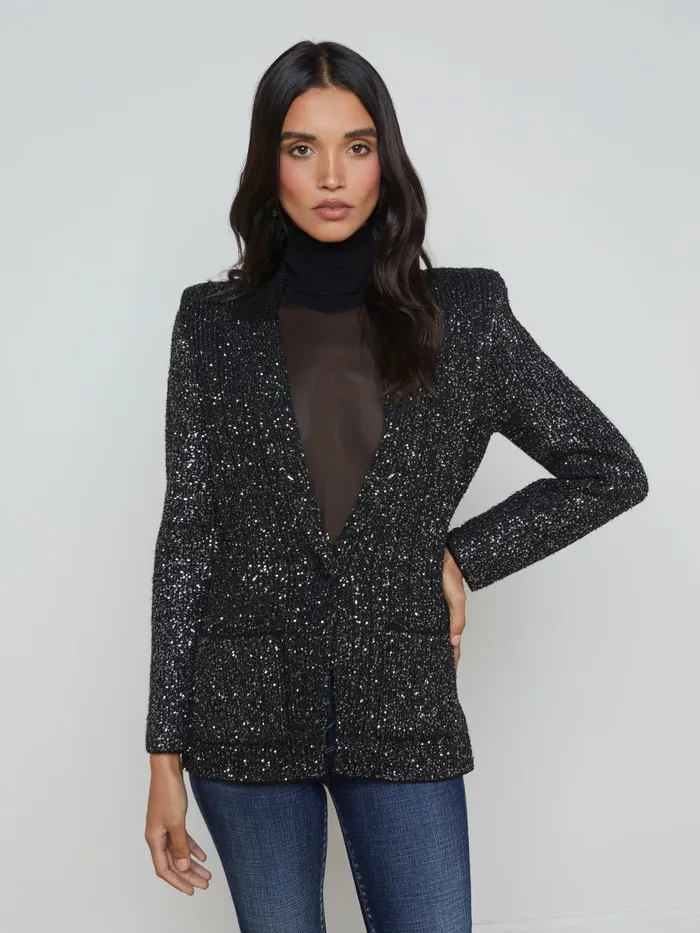 L039Agence Blazers and Jackets Women Leonora Sequin Knit Blazer Blacksilver Sequin