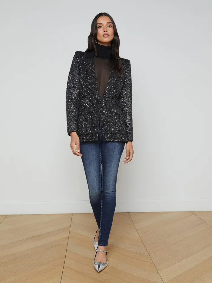 L039Agence Blazers and Jackets Women Leonora Sequin Knit Blazer Blacksilver Sequin L039Agence Blazers and Jackets Women Leonora Sequin Knit Blazer Blacksilver Sequin