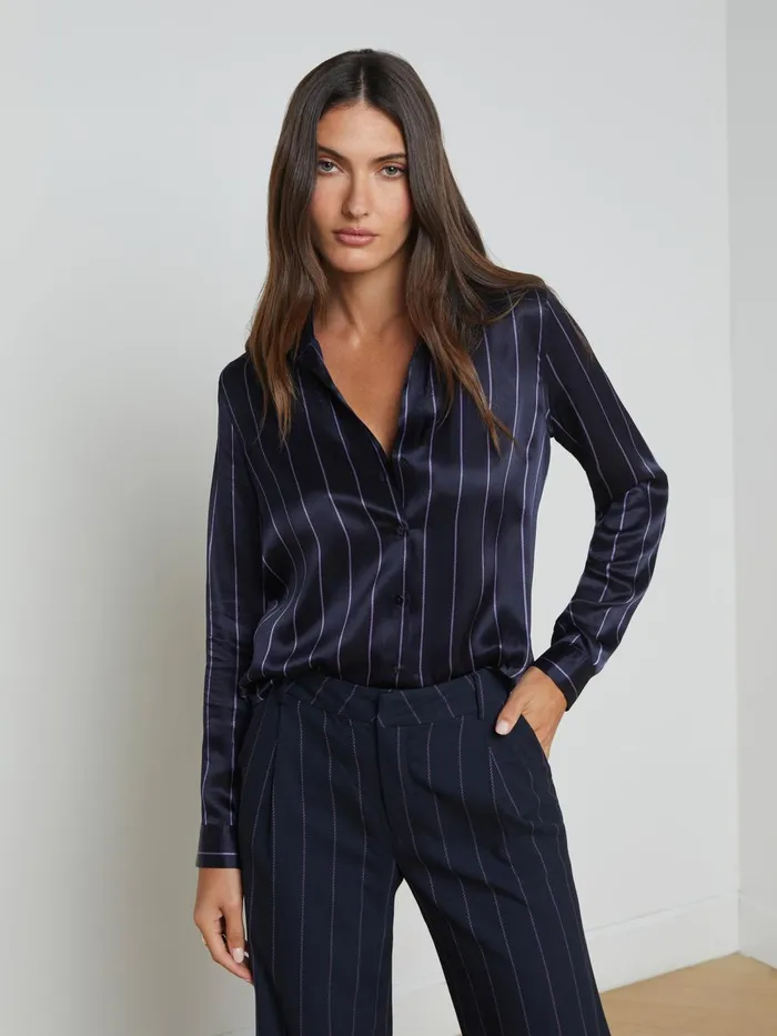 L039Agence Blouses and Tops Women Tyler Silk Blouse Midnightlight Purple Pinstripe