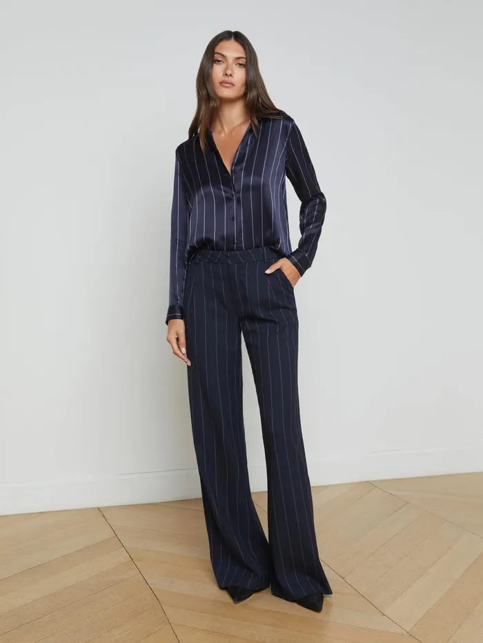 L039Agence Blouses and Tops Women Tyler Silk Blouse Midnightlight Purple Pinstripe L039Agence Blouses and Tops Women Tyler Silk Blouse Midnightlight Purple Pinstripe