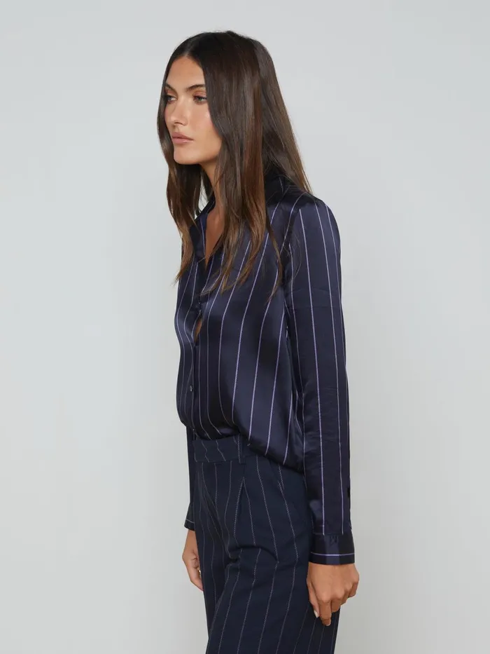 L039Agence Blouses and Tops Women Tyler Silk Blouse Midnightlight Purple Pinstripe L039Agence Blouses and Tops Women Tyler Silk Blouse Midnightlight Purple Pinstripe