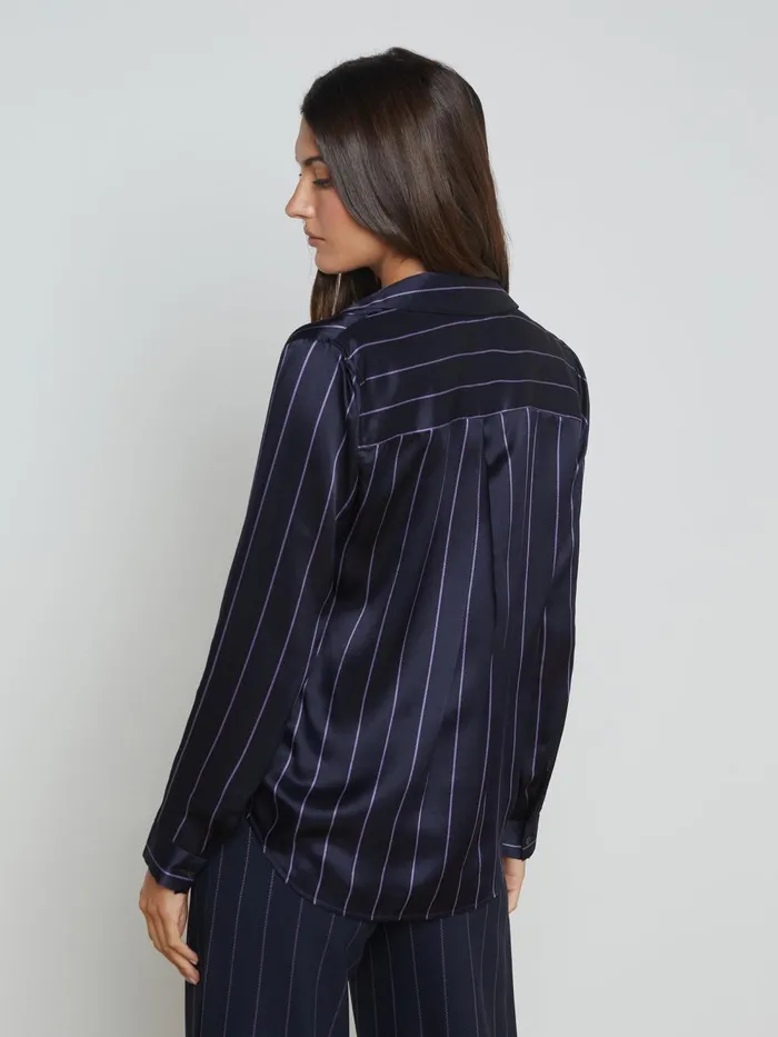 L039Agence Blouses and Tops Women Tyler Silk Blouse Midnightlight Purple Pinstripe L039Agence Blouses and Tops Women Tyler Silk Blouse Midnightlight Purple Pinstripe