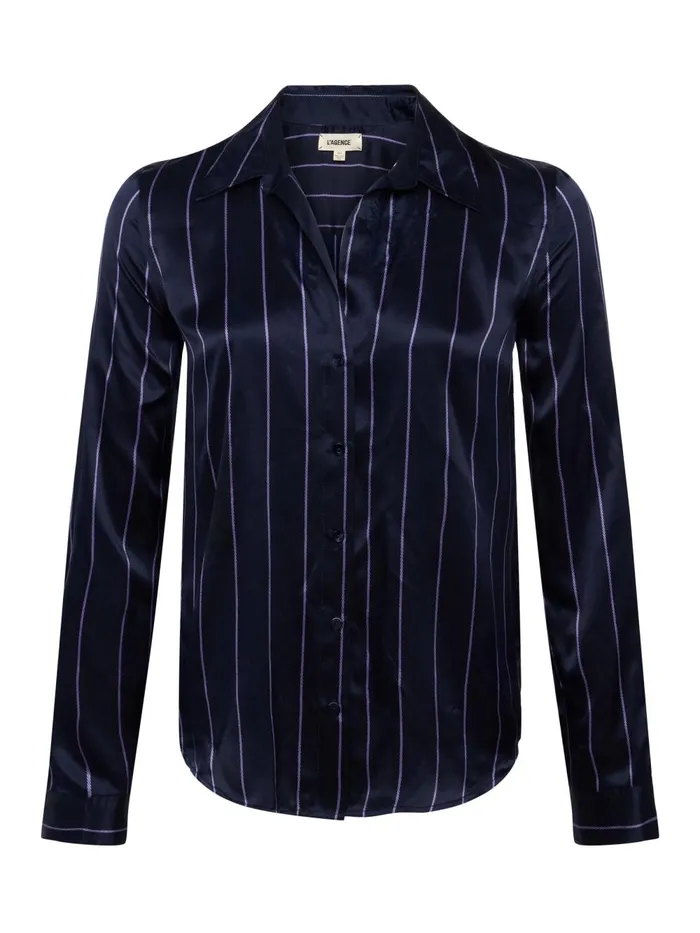 L039Agence Blouses and Tops Women Tyler Silk Blouse Midnightlight Purple Pinstripe L039Agence Blouses and Tops Women Tyler Silk Blouse Midnightlight Purple Pinstripe