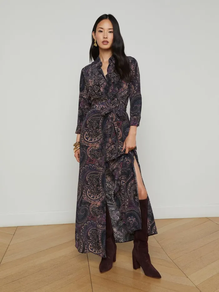 L039Agence Dresses and Jumpsuits Women Cameron Silk Shirt Dress Plum Multi Boute Paisley