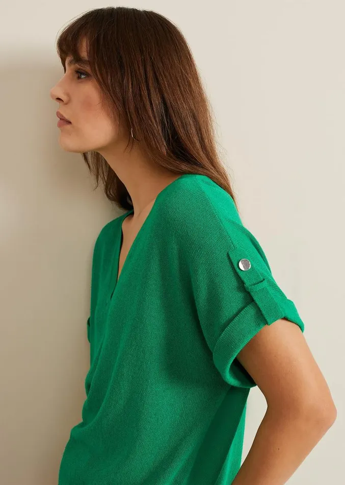 Laura Linen Metal Button Tab Top Green Women Phase Eight Knitwear
