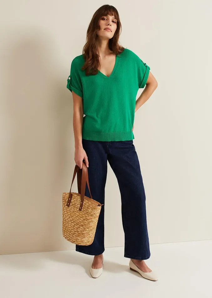 Laura Linen Metal Button Tab Top Green Women Phase Eight Knitwear