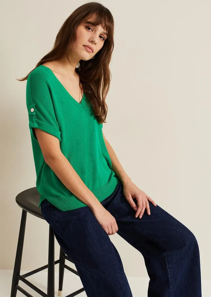 Laura Linen Metal Button Tab Top Green Women Phase Eight Knitwear