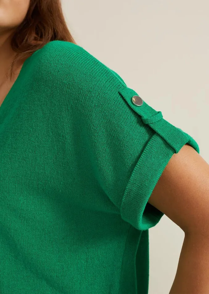 Laura Linen Metal Button Tab Top Green Women Phase Eight Knitwear