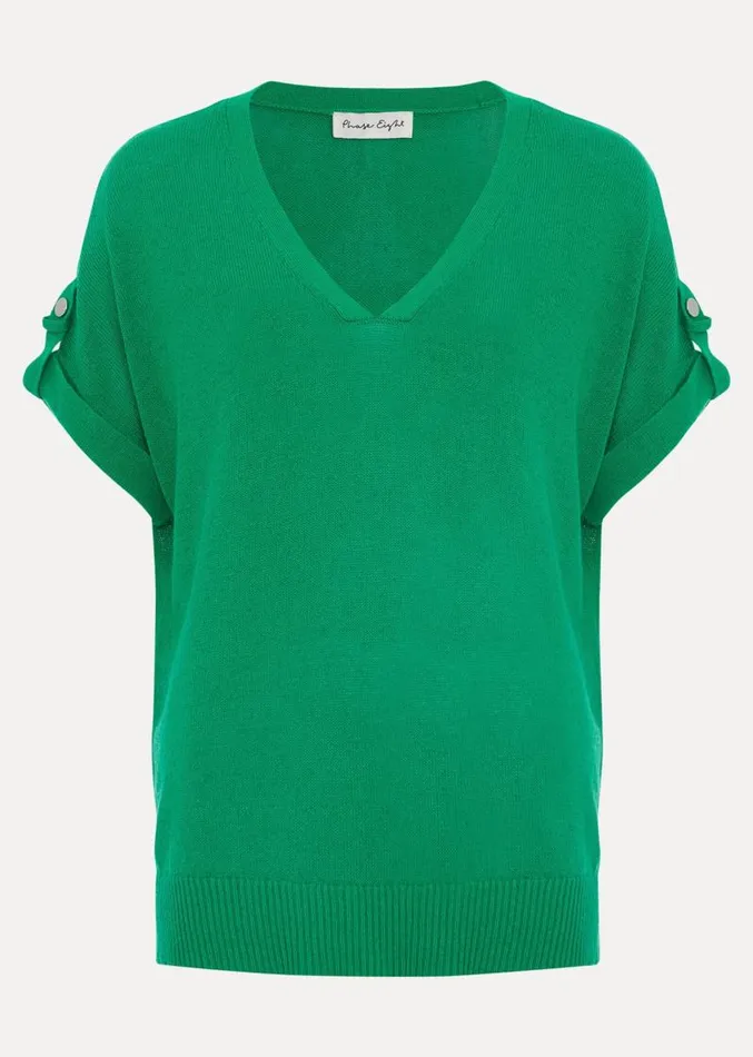 Laura Linen Metal Button Tab Top Green Women Phase Eight Knitwear
