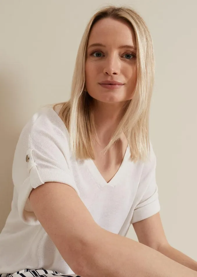 Laura Linen Metal Button Tab Top White Women Phase Eight Tops and TShirts