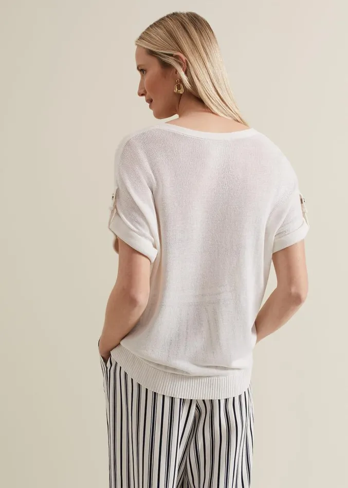 Laura Linen Metal Button Tab Top White Women Phase Eight Tops and TShirts