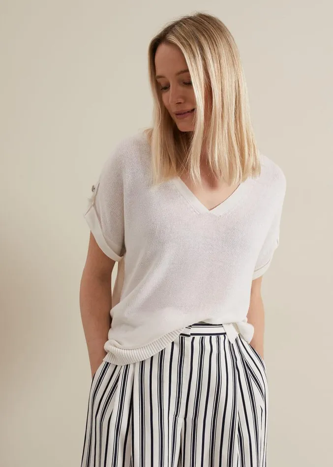 Laura Linen Metal Button Tab Top White Women Phase Eight Tops and TShirts