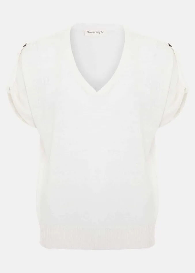 Laura Linen Metal Button Tab Top White Women Phase Eight Tops and TShirts