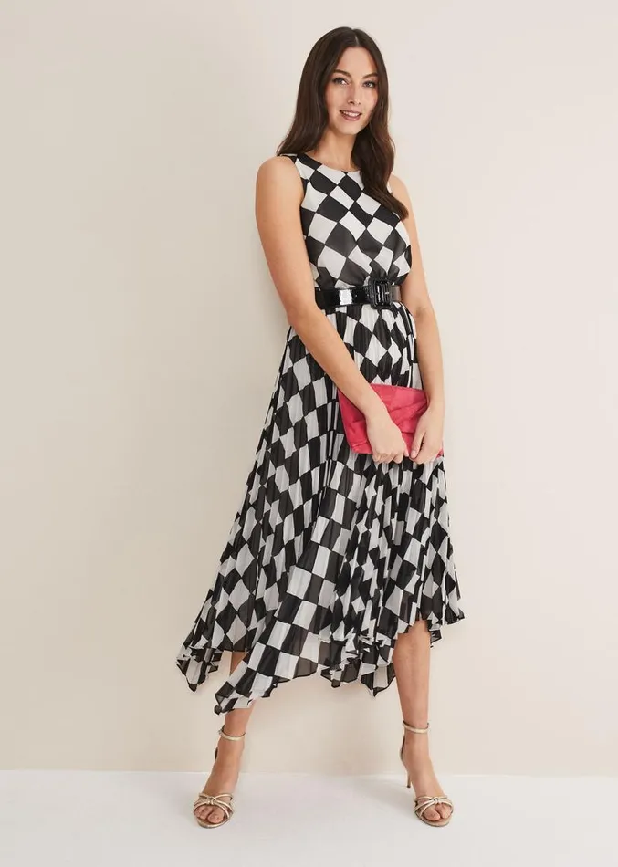 Laurel Checked Pleated Midi Dress Blackwhite Women Phase Eight Dresses