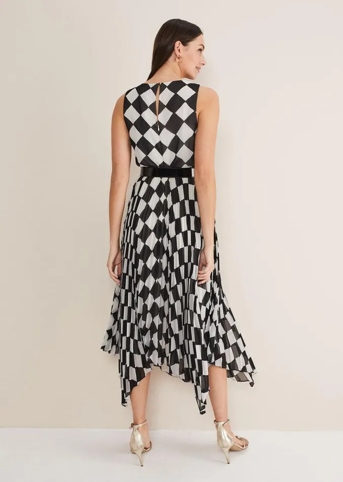 Laurel Checked Pleated Midi Dress Blackwhite Women Phase Eight Dresses