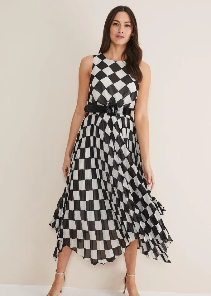 Laurel Checked Pleated Midi Dress Blackwhite Women Phase Eight Dresses