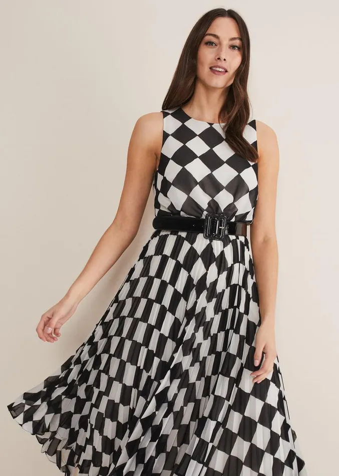 Laurel Checked Pleated Midi Dress Blackwhite Women Phase Eight Dresses