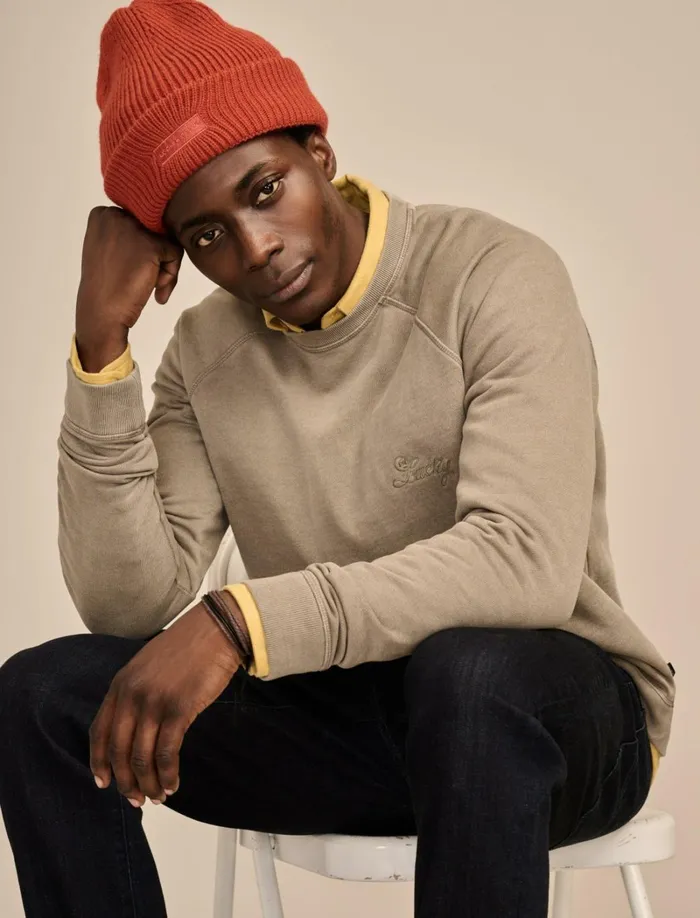 Lucky Brand Activewear Men Fleece Logo Raglan Crew Vetiver