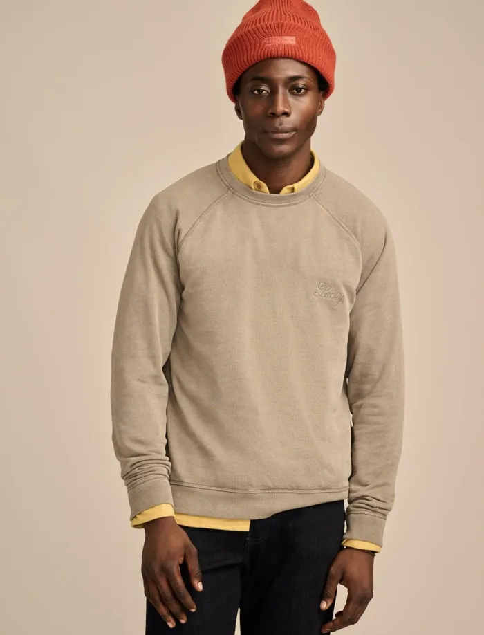 Lucky Brand Activewear Men Fleece Logo Raglan Crew Vetiver