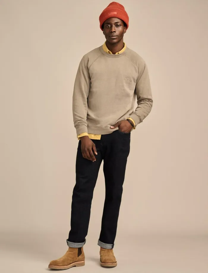 Lucky Brand Activewear Men Fleece Logo Raglan Crew Vetiver