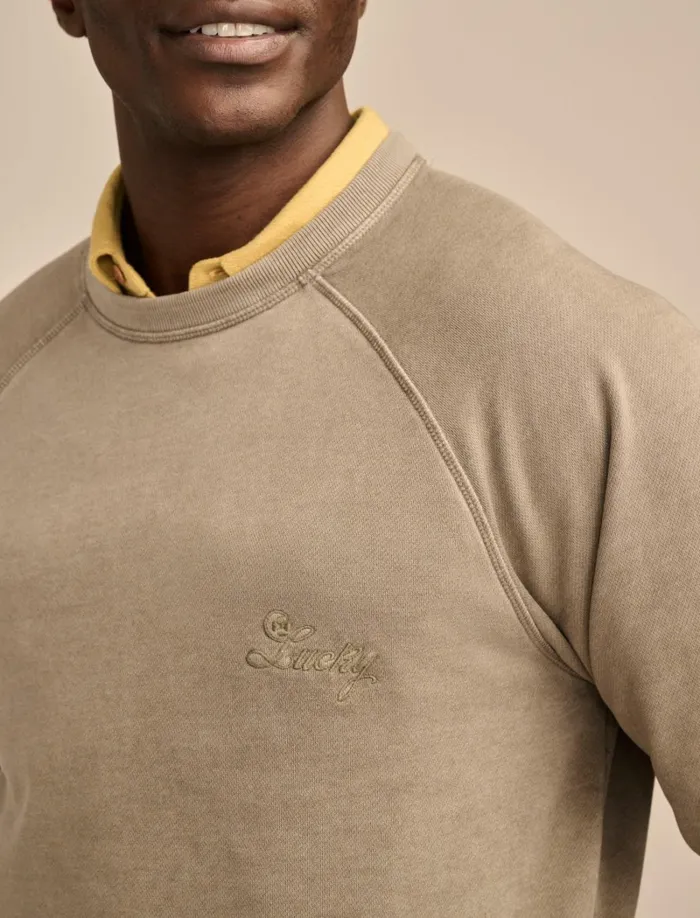Lucky Brand Activewear Men Fleece Logo Raglan Crew Vetiver