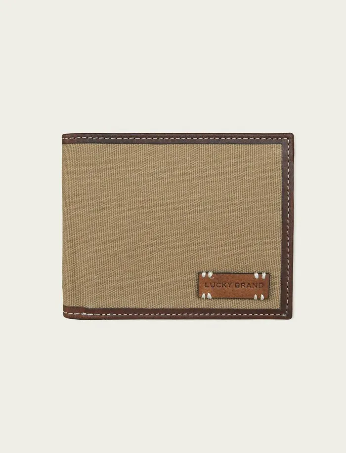 Lucky Brand Bags and Wallets Men Canvas With Leather Trim Bifold Wallet Natural