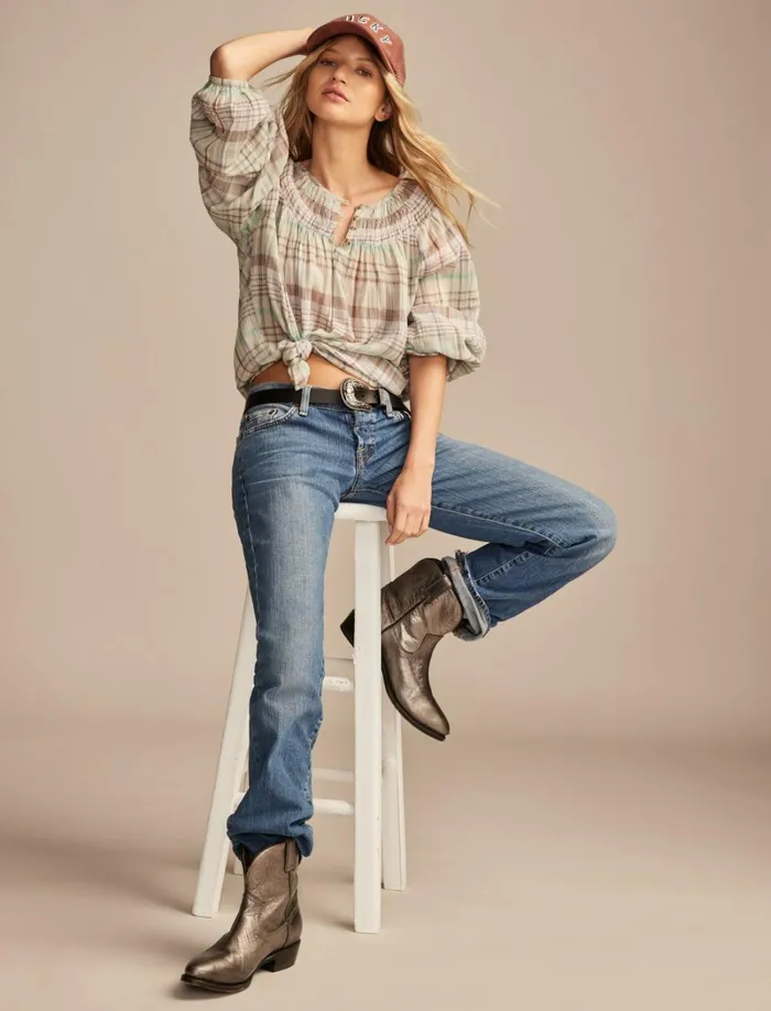 Lucky Brand Blouses Women Easy Smocked Blouse Aqua Plaid
