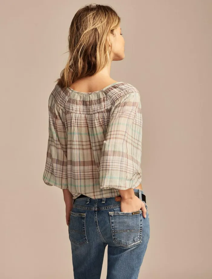 Lucky Brand Blouses Women Easy Smocked Blouse Aqua Plaid