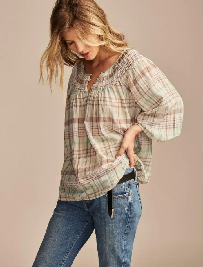 Lucky Brand Blouses Women Easy Smocked Blouse Aqua Plaid