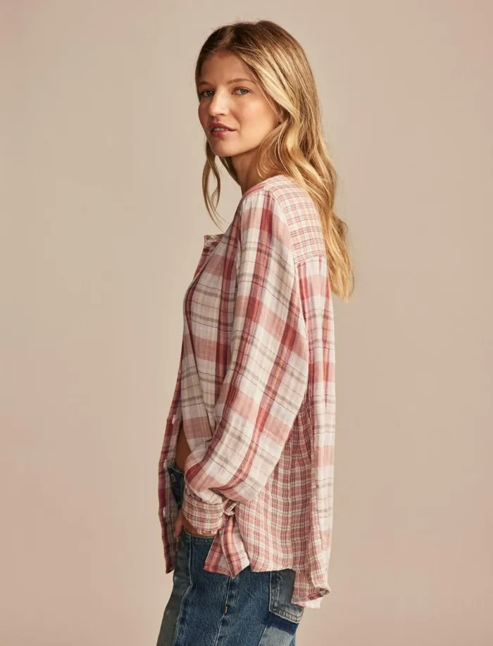 Lucky Brand Blouses Women Plaid Mix Buttondown Shirt Burgundy Plaid