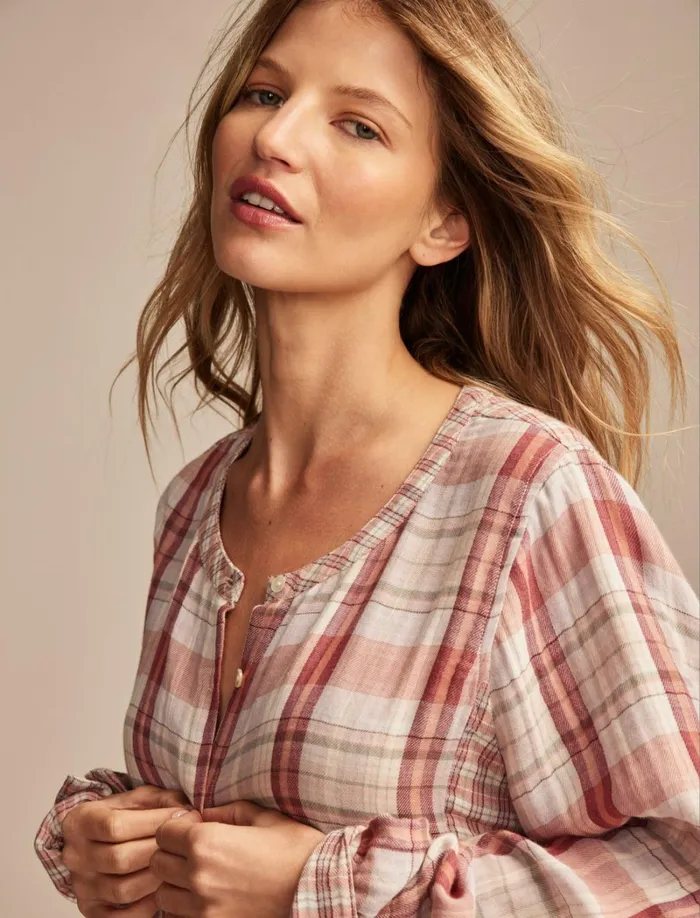 Lucky Brand Blouses Women Plaid Mix Buttondown Shirt Burgundy Plaid