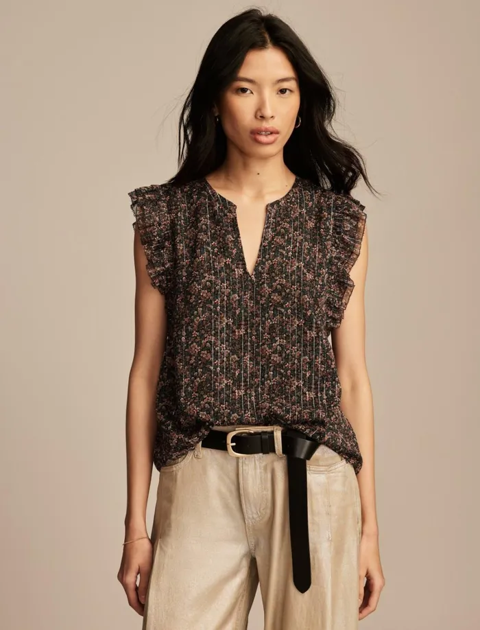 Lucky Brand Blouses Women Printed Notch Neck Ruffle Top Indigo Floral