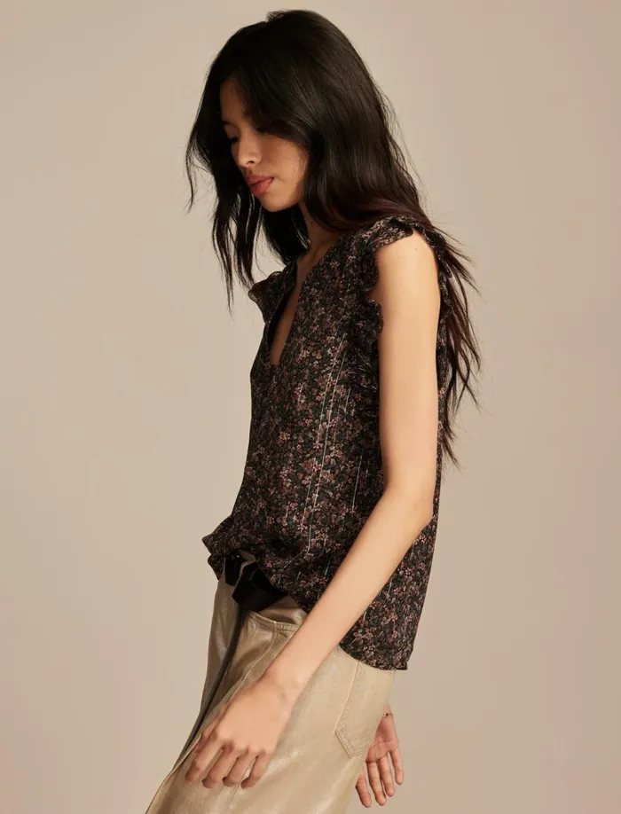 Lucky Brand Blouses Women Printed Notch Neck Ruffle Top Indigo Floral