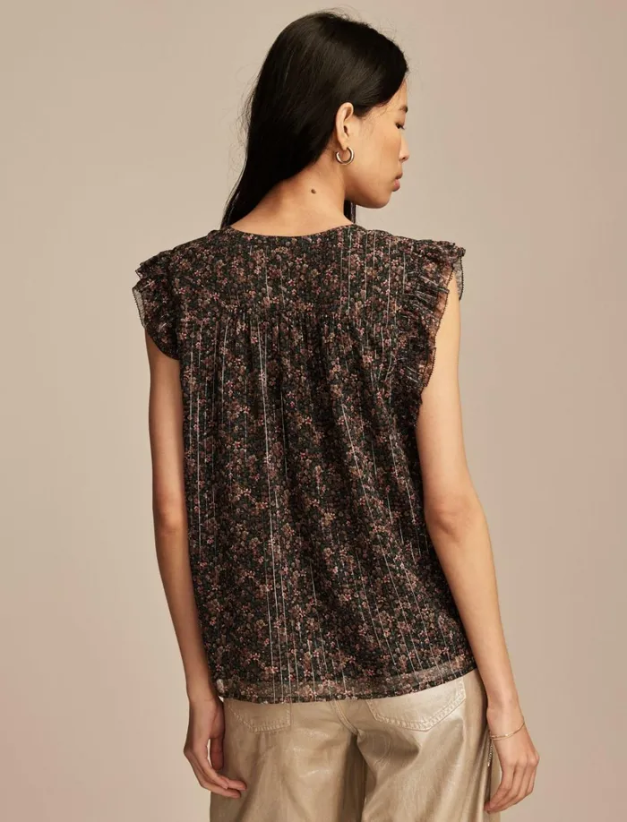 Lucky Brand Blouses Women Printed Notch Neck Ruffle Top Indigo Floral