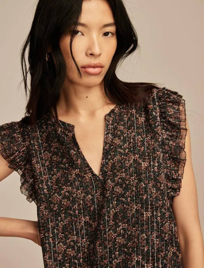 Lucky Brand Blouses Women Printed Notch Neck Ruffle Top Indigo Floral