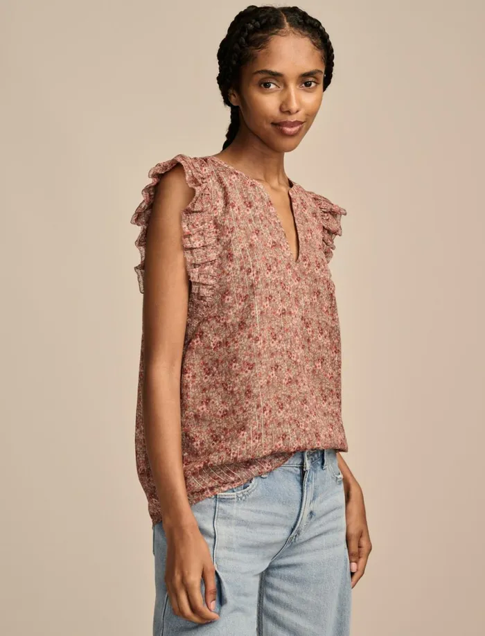 Lucky Brand Blouses Women Printed Notch Neck Ruffle Top Pink Floral