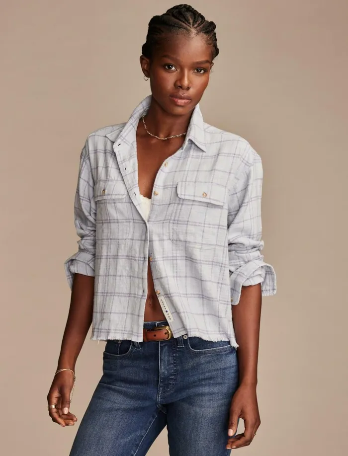 Lucky Brand Blouses Women Raw Edge Cropped Buttondown Shirt Blue Plaid
