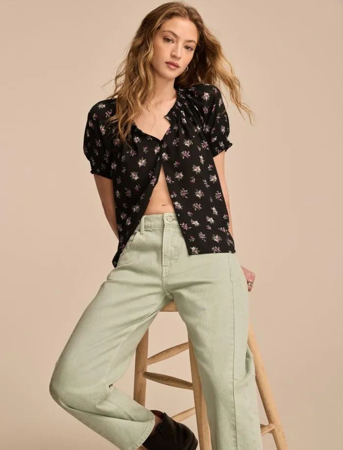 Lucky Brand Blouses Women Short Sleeve Ruffle Bubble Top Black Floral