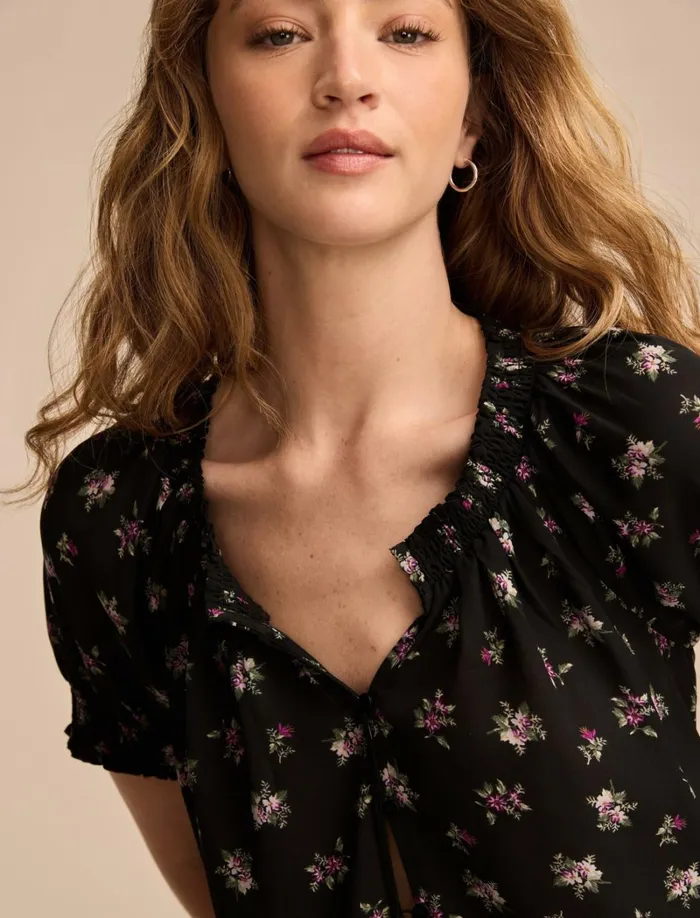 Lucky Brand Blouses Women Short Sleeve Ruffle Bubble Top Black Floral