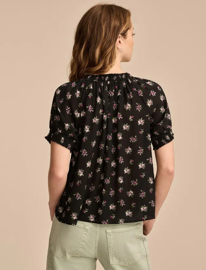 Lucky Brand Blouses Women Short Sleeve Ruffle Bubble Top Black Floral