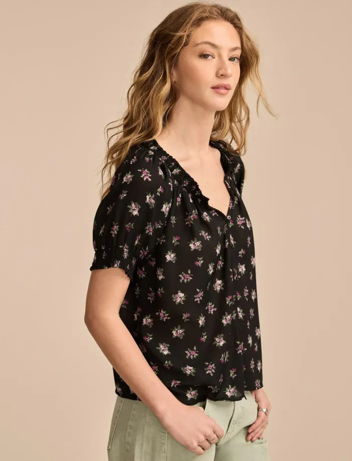 Lucky Brand Blouses Women Short Sleeve Ruffle Bubble Top Black Floral