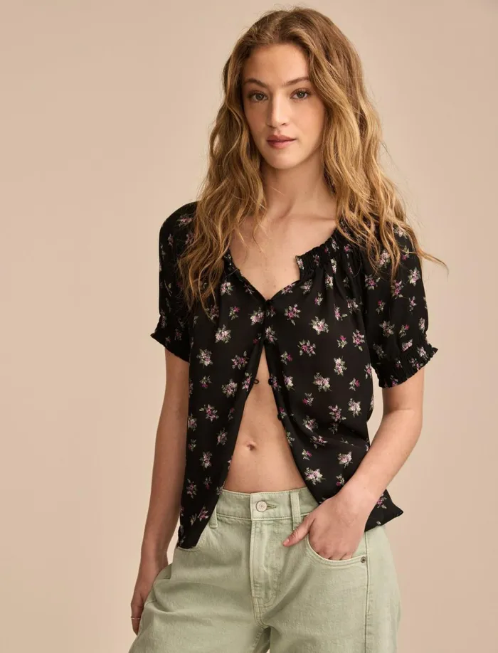 Lucky Brand Blouses Women Short Sleeve Ruffle Bubble Top Black Floral